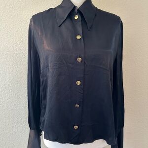 ZARA Black Satin Collared Blouse w/ Gold Buttons – Size M